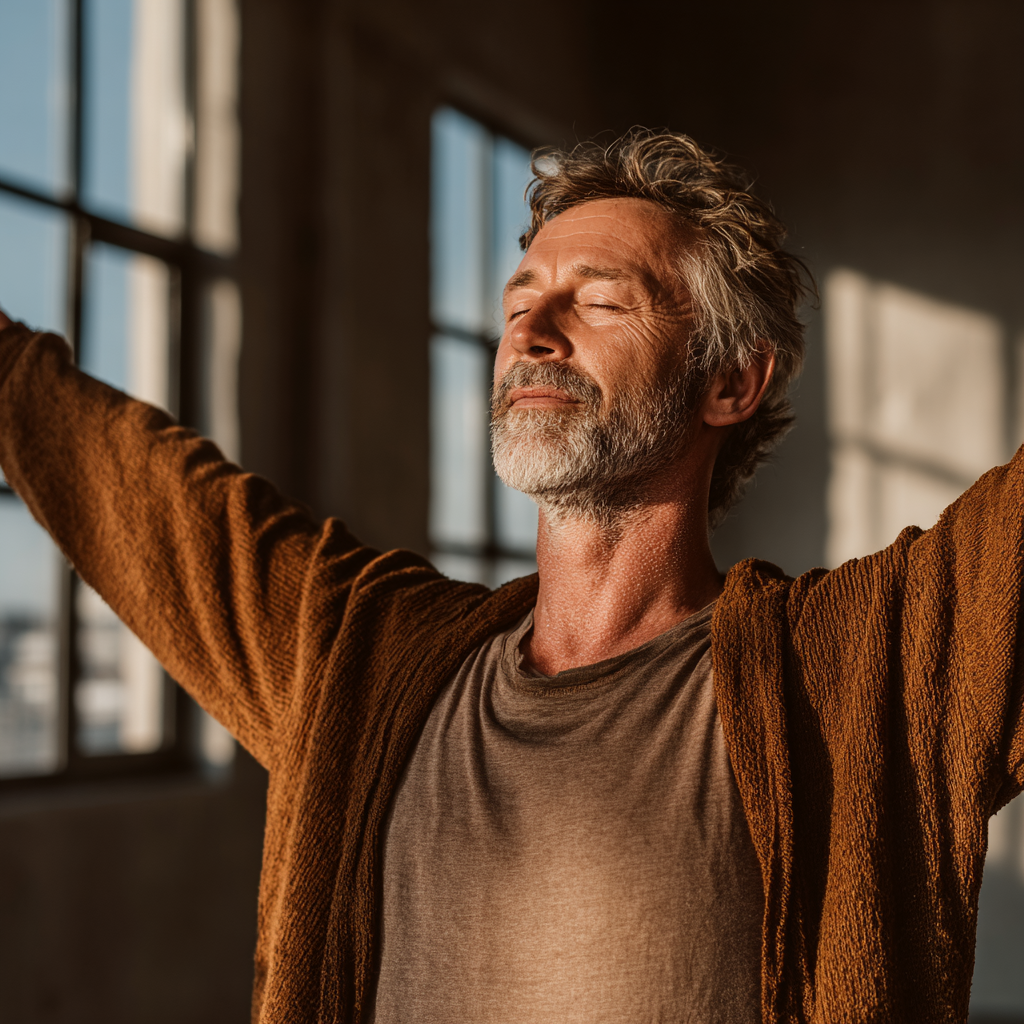 A man in his early 50s with distinguished gray hair performing a standing yoga pose with arms extended overhead, wearing comfortable earth-toned clothing in a bright minimalist studio with warm natural light streaming through large windows