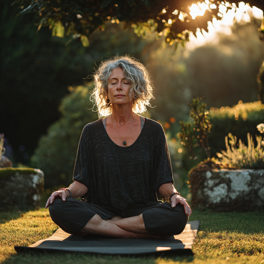 A serene woman in her late 40s with silver-streaked hair practicing meditation pose outdoors, sitting cross-legged on a yoga mat in a peaceful garden setting with soft morning light filtering through trees